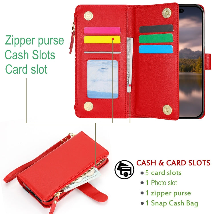 For iPhone 16 Plus Wristband Holder Zipper Purse RFID Leather Phone Case(Red) - free shipping - PMC Jewellery - Order now!
