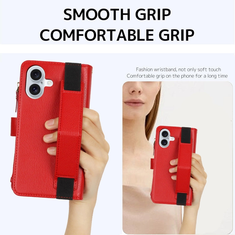 For iPhone 16 Plus Wristband Holder Zipper Purse RFID Leather Phone Case(Red) - free shipping - PMC Jewellery - Order now!