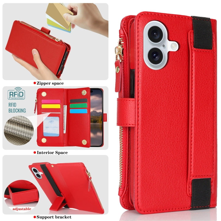 For iPhone 16 Plus Wristband Holder Zipper Purse RFID Leather Phone Case(Red) - free shipping - PMC Jewellery - Order now!