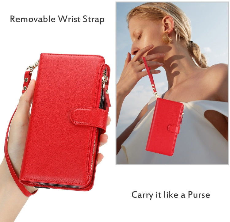 For iPhone 16 Plus Wristband Holder Zipper Purse RFID Leather Phone Case(Red) - free shipping - PMC Jewellery - Order now!