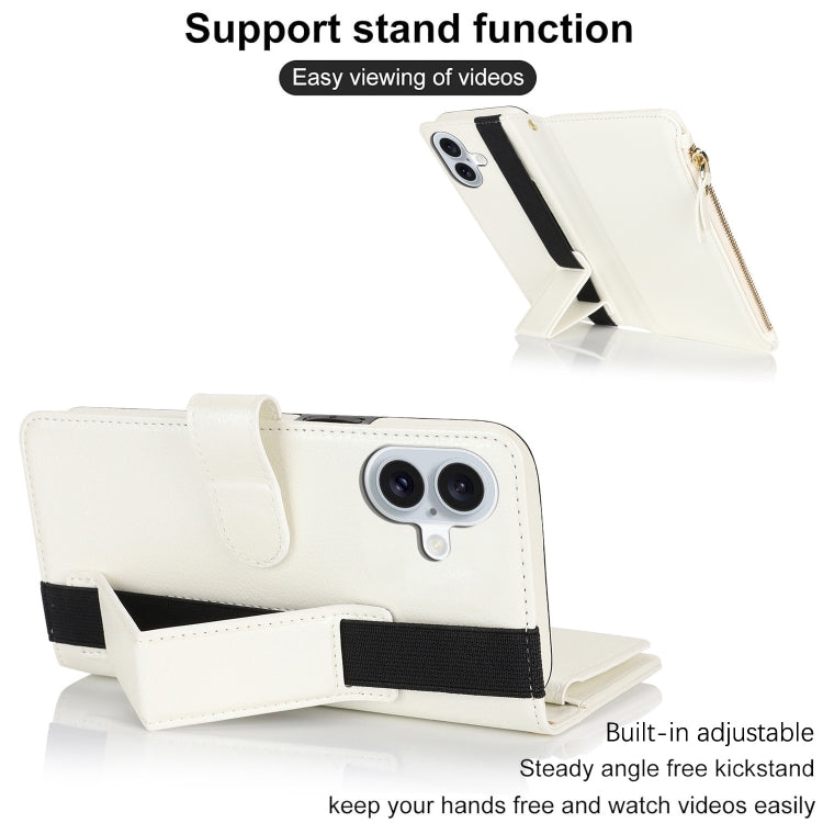 For iPhone 16 Plus Wristband Holder Zipper Purse RFID Leather Phone Case(White) - iPhone 16 Plus Cases by PMC TechLife | Online Shopping South Africa | PMC TechLife | Buy Now Pay Later Mobicred