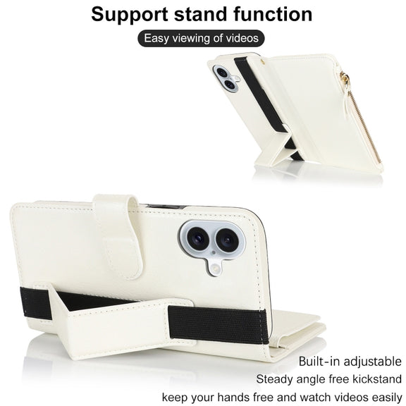 For iPhone 16 Plus Wristband Holder Zipper Purse RFID Leather Phone Case(White)