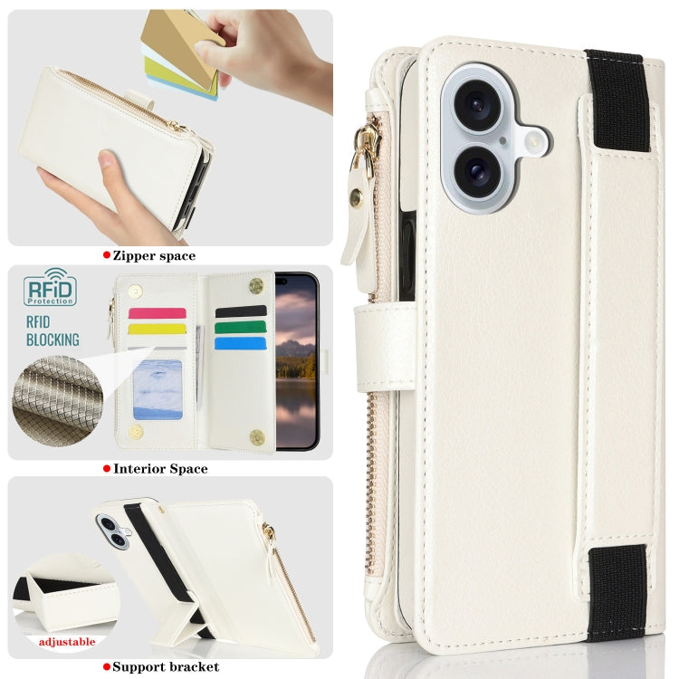 For iPhone 16 Plus Wristband Holder Zipper Purse RFID Leather Phone Case(White) - iPhone 16 Plus Cases by PMC TechLife | Online Shopping South Africa | PMC TechLife | Buy Now Pay Later Mobicred