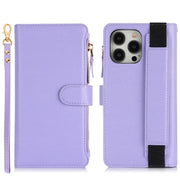 For iPhone 16 Pro Wristband Holder Zipper Purse RFID Leather Phone Case(Purple)