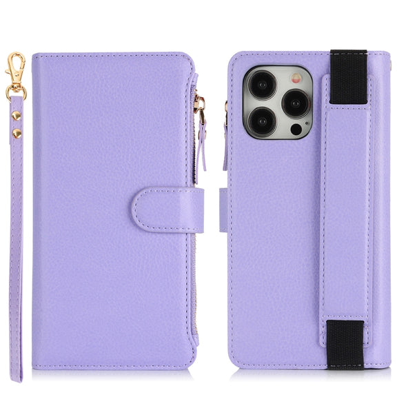 For iPhone 16 Pro Wristband Holder Zipper Purse RFID Leather Phone Case(Purple)