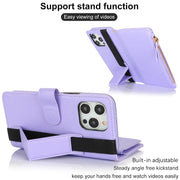 For iPhone 16 Pro Wristband Holder Zipper Purse RFID Leather Phone Case(Purple)