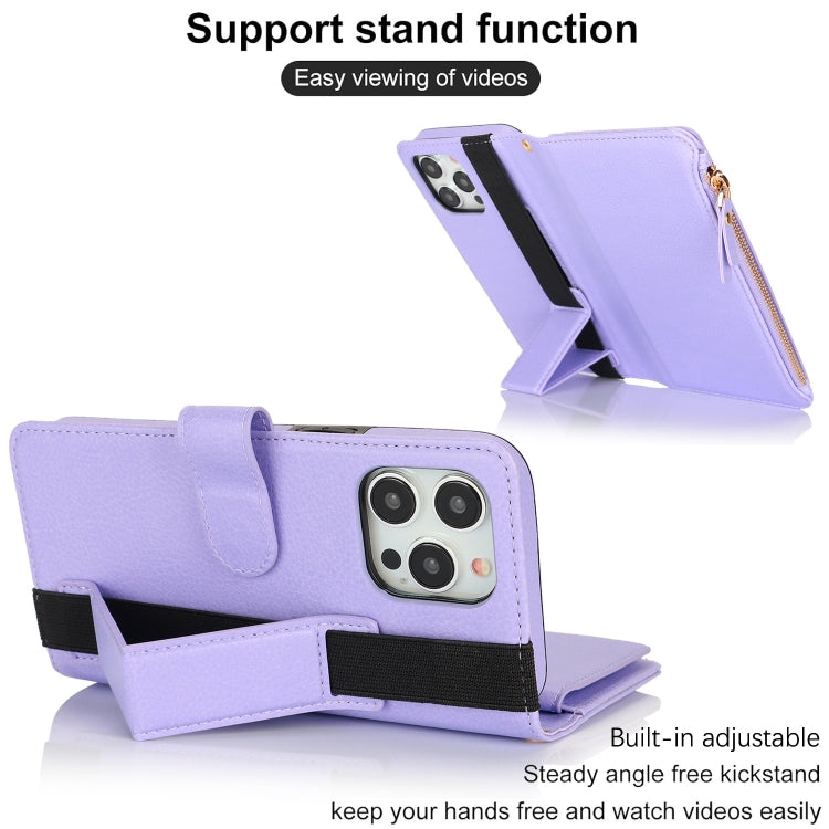 For iPhone 16 Pro Wristband Holder Zipper Purse RFID Leather Phone Case(Purple)