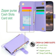 For iPhone 16 Pro Wristband Holder Zipper Purse RFID Leather Phone Case(Purple)