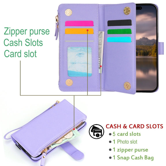 For iPhone 16 Pro Wristband Holder Zipper Purse RFID Leather Phone Case(Purple)