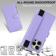 For iPhone 16 Pro Wristband Holder Zipper Purse RFID Leather Phone Case(Purple)