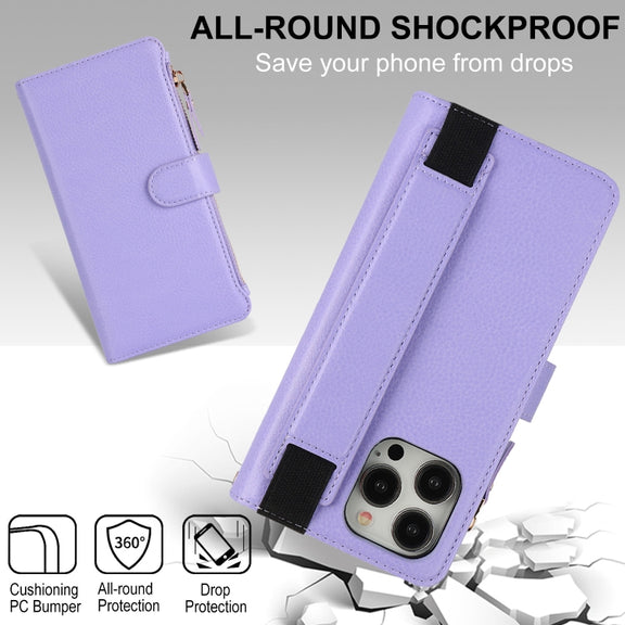 For iPhone 16 Pro Wristband Holder Zipper Purse RFID Leather Phone Case(Purple)