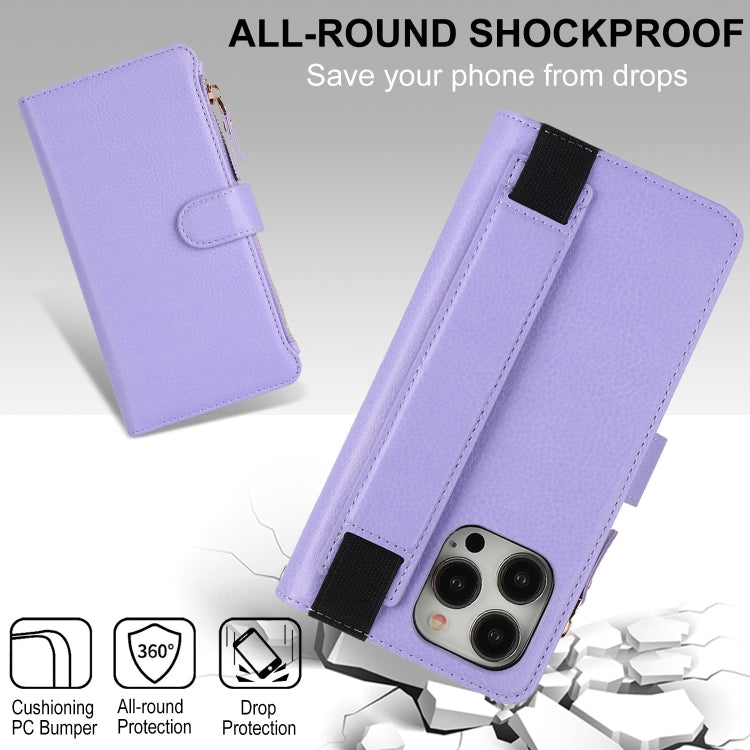 For iPhone 16 Pro Wristband Holder Zipper Purse RFID Leather Phone Case(Purple)