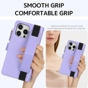 For iPhone 16 Pro Wristband Holder Zipper Purse RFID Leather Phone Case(Purple)
