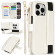 For iPhone 16 Pro Wristband Holder Zipper Purse RFID Leather Phone Case(White) - iPhone 16 Pro Cases by PMC TechLife | Online Shopping South Africa | PMC TechLife | Buy Now Pay Later Mobicred