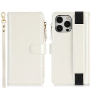 For iPhone 16 Pro Wristband Holder Zipper Purse RFID Leather Phone Case(White)