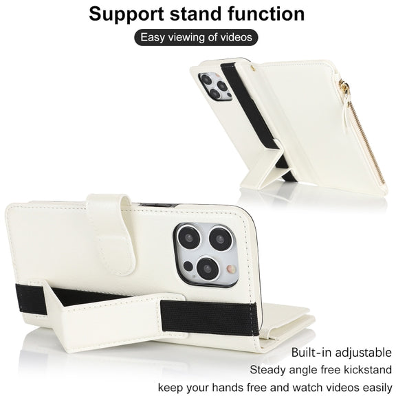 For iPhone 16 Pro Wristband Holder Zipper Purse RFID Leather Phone Case(White)