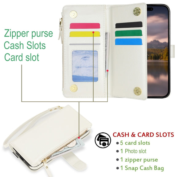 For iPhone 16 Pro Wristband Holder Zipper Purse RFID Leather Phone Case(White)