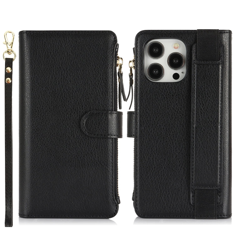 For iPhone 16 Pro Max Wristband Holder Zipper Purse RFID Leather Phone Case(Black) -  by PMC TechLife | Online Shopping South Africa | PMC TechLife | Buy Now Pay Later Mobicred