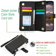For iPhone 16 Pro Max Wristband Holder Zipper Purse RFID Leather Phone Case(Black)