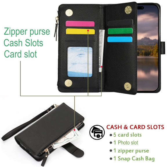 For iPhone 16 Pro Max Wristband Holder Zipper Purse RFID Leather Phone Case(Black)