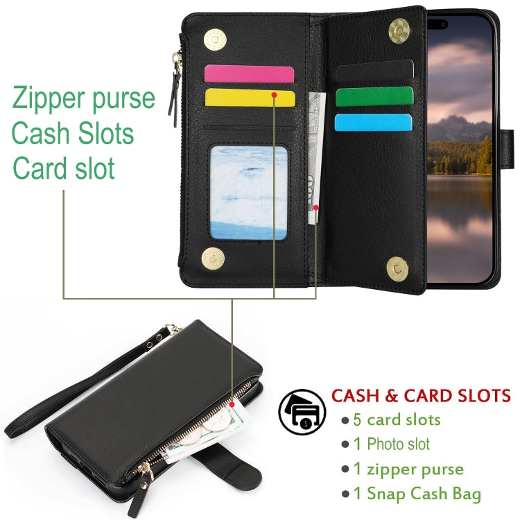 For iPhone 16 Pro Max Wristband Holder Zipper Purse RFID Leather Phone Case(Black)