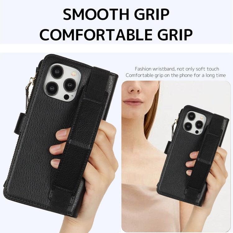 For iPhone 16 Pro Max Wristband Holder Zipper Purse RFID Leather Phone Case(Black) -  by PMC TechLife | Online Shopping South Africa | PMC TechLife | Buy Now Pay Later Mobicred