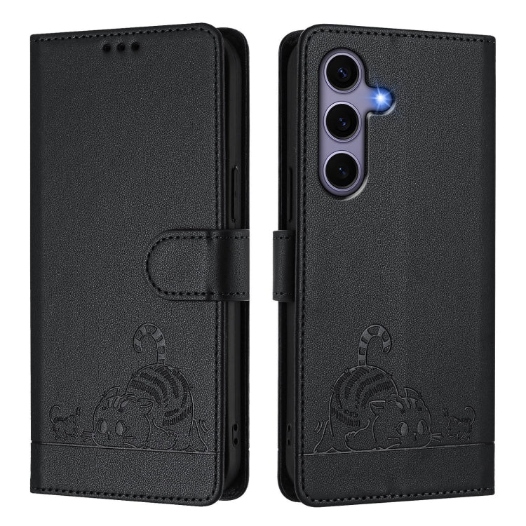 For Samsung Galaxy S25 5G Cat Rat Embossed RFID Leather Phone Case with Lanyard(Black) - Galaxy S25 5G Cases by PMC TechLife | Online Shopping South Africa | PMC TechLife | Buy Now Pay Later Mobicred