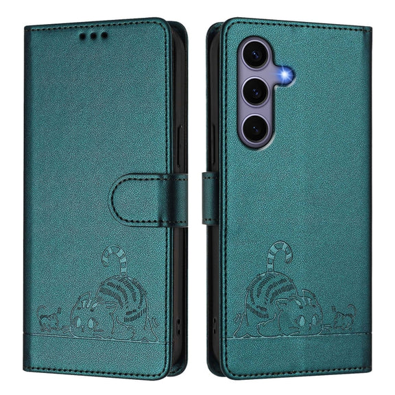 For Samsung Galaxy S25 5G Cat Rat Embossed RFID Leather Phone Case with Lanyard(Peacock Green)