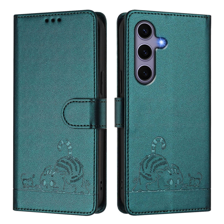 For Samsung Galaxy S25 5G Cat Rat Embossed RFID Leather Phone Case with Lanyard(Peacock Green)