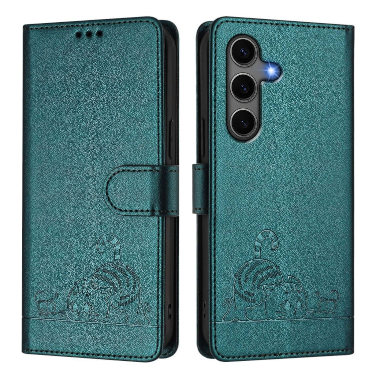 For Samsung Galaxy S25+ 5G Cat Rat Embossed RFID Leather Phone Case with Lanyard(Peacock Green)