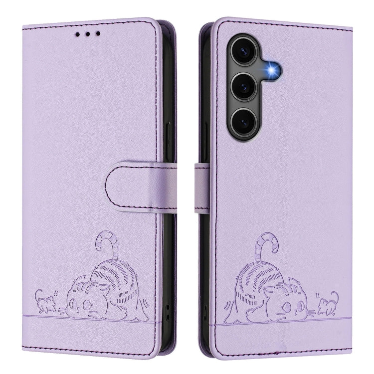 For Samsung Galaxy S25+ 5G Cat Rat Embossed RFID Leather Phone Case with Lanyard(Purple) - Galaxy S25+ 5G Cases by PMC TechLife | Online Shopping South Africa | PMC TechLife | Buy Now Pay Later Mobicred