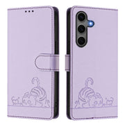 For Samsung Galaxy S25+ 5G Cat Rat Embossed RFID Leather Phone Case with Lanyard(Purple)