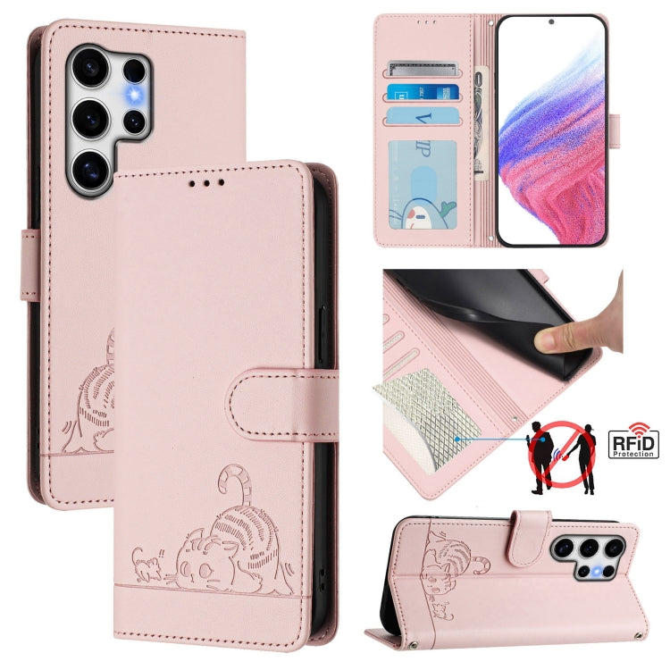 For Samsung Galaxy S25 Ultra 5G Cat Rat Embossed RFID Leather Phone Case with Lanyard(Pink) - Galaxy S25 Ultra 5G Cases by PMC TechLife | Online Shopping South Africa | PMC TechLife | Buy Now Pay Later Mobicred