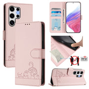For Samsung Galaxy S25 Ultra 5G Cat Rat Embossed RFID Leather Phone Case with Lanyard(Pink)