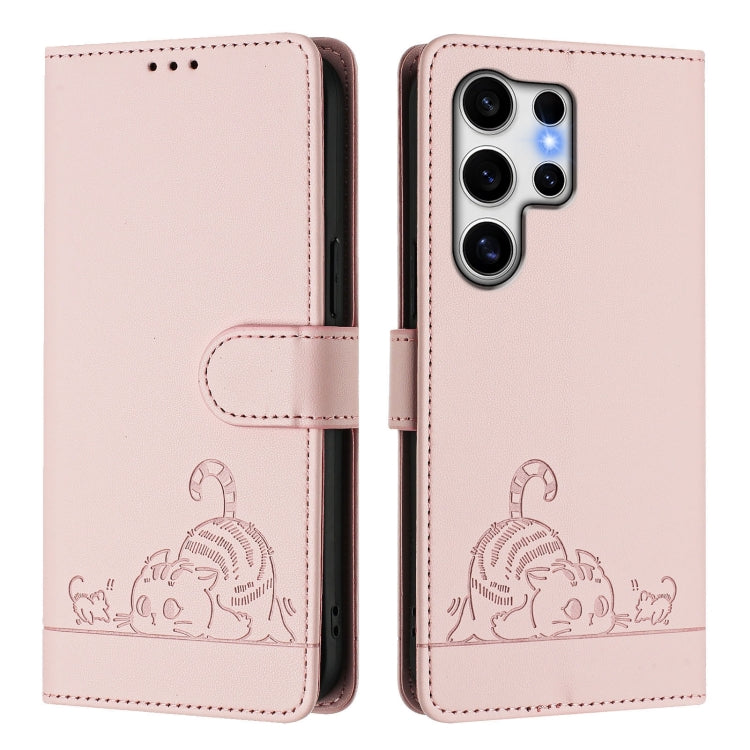 For Samsung Galaxy S25 Ultra 5G Cat Rat Embossed RFID Leather Phone Case with Lanyard(Pink)