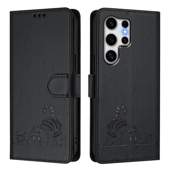 For Samsung Galaxy S25 Ultra 5G Cat Rat Embossed RFID Leather Phone Case with Lanyard(Black)