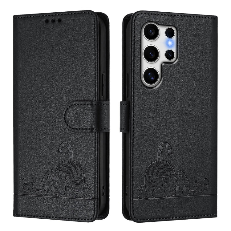 For Samsung Galaxy S25 Ultra 5G Cat Rat Embossed RFID Leather Phone Case with Lanyard(Black)