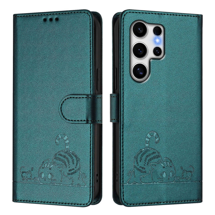 For Samsung Galaxy S25 Ultra 5G Cat Rat Embossed RFID Leather Phone Case with Lanyard(Peacock Green) - Galaxy S25 Ultra 5G Cases by PMC TechLife | Online Shopping South Africa | PMC TechLife | Buy Now Pay Later Mobicred