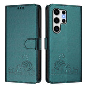 For Samsung Galaxy S25 Ultra 5G Cat Rat Embossed RFID Leather Phone Case with Lanyard(Peacock Green)
