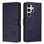 For Samsung Galaxy S25 Ultra 5G Cat Rat Embossed RFID Leather Phone Case with Lanyard(Blue)