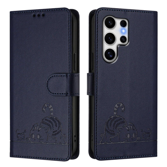 For Samsung Galaxy S25 Ultra 5G Cat Rat Embossed RFID Leather Phone Case with Lanyard(Blue)