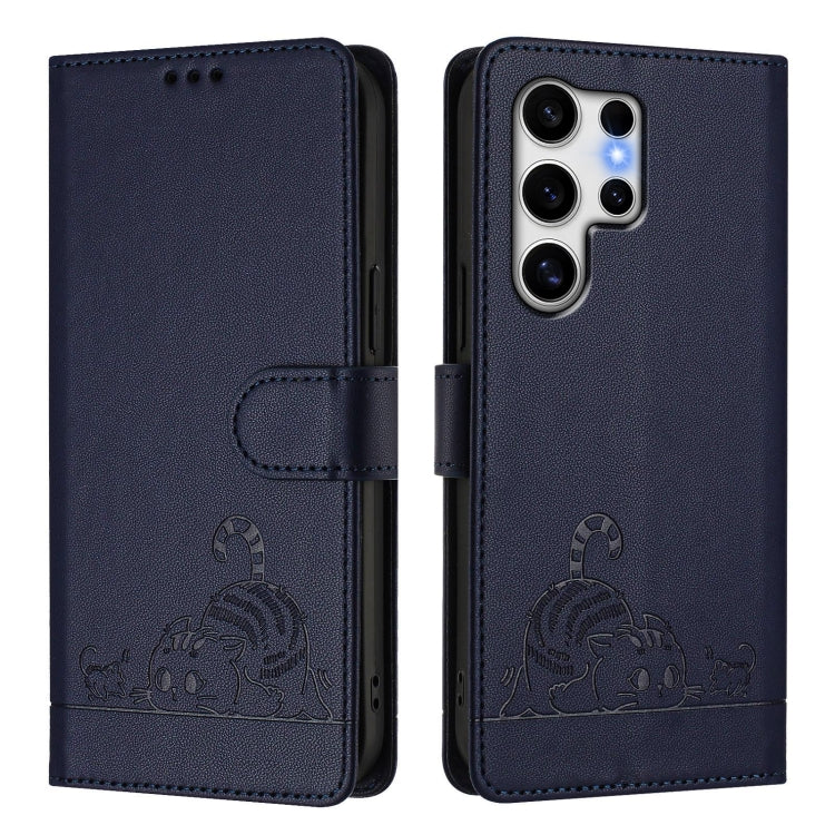 For Samsung Galaxy S25 Ultra 5G Cat Rat Embossed RFID Leather Phone Case with Lanyard(Blue)