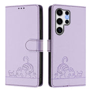 For Samsung Galaxy S25 Ultra 5G Cat Rat Embossed RFID Leather Phone Case with Lanyard(Purple)