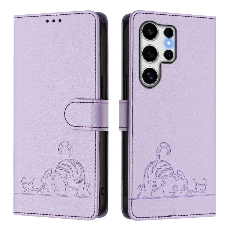 For Samsung Galaxy S25 Ultra 5G Cat Rat Embossed RFID Leather Phone Case with Lanyard(Purple)