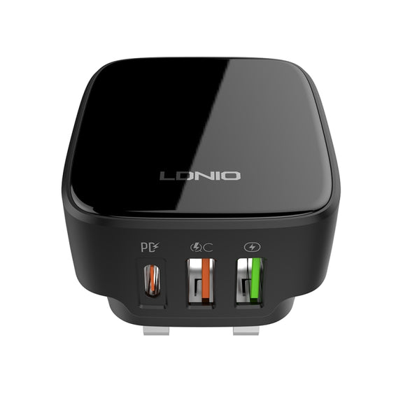 LDNIO Q334 32W Type-C + Dual USB Port Charger with 1m 8 Pin Data Cable, Plug Type:UK Plug(Black)