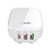 LDNIO Q334 32W Type-C + Dual USB Port Charger with 1m 8 Pin Data Cable, Plug Type:UK Plug(White)