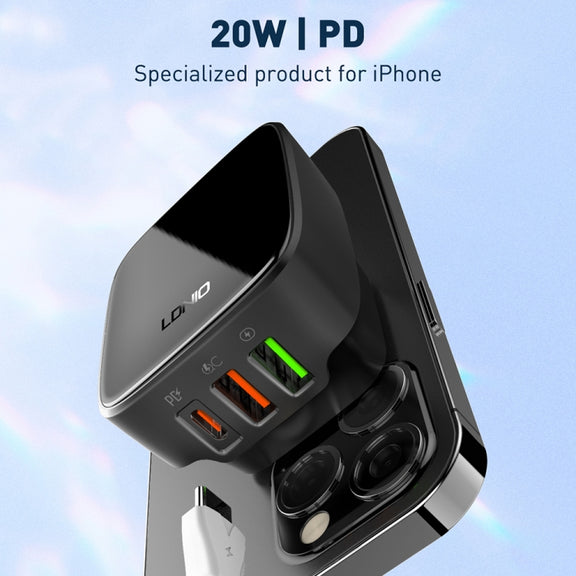 LDNIO Q334 32W Type-C + Dual USB Port Charger with 1m 8 Pin Data Cable, Plug Type:US Plug(Black)