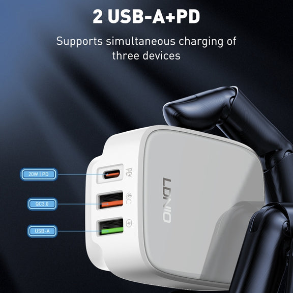 LDNIO Q334 32W Type-C + Dual USB Port Charger with 1m 8 Pin Data Cable, Plug Type:EU Plug(Black)