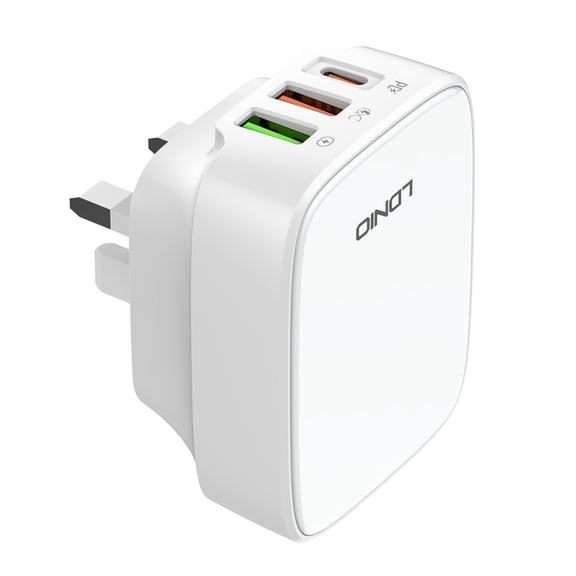 LDNIO Q334 32W Type-C + Dual USB Port Charger with 1m USB-C / Type-C to 8 Pin Data Cable, Plug Type:UK Plug(White)