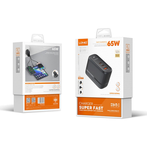 LDNIO Q366 65W USB + Dual Type-C Port Charger with 1m USB-C / Type-C to USB-C / Type-C Data Cable, Plug Type:UK Plug(Black)